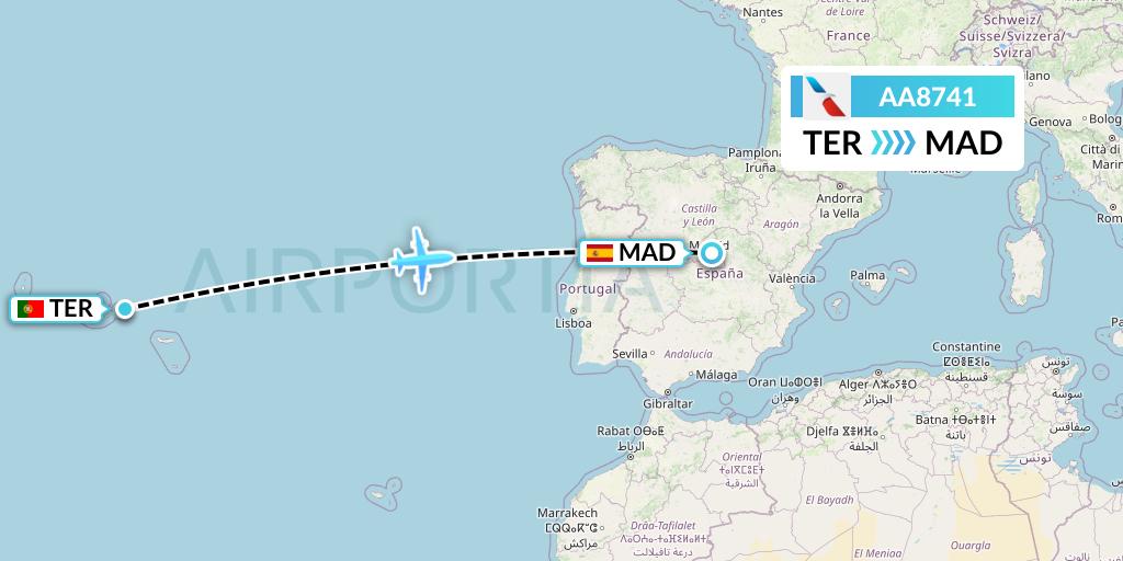 AA8741 American Airlines Flight Map: Lajes to Madrid