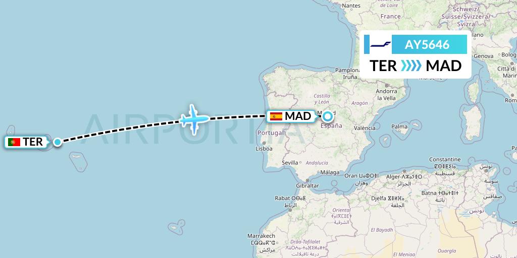 AY5646 Finnair Flight Map: Lajes to Madrid