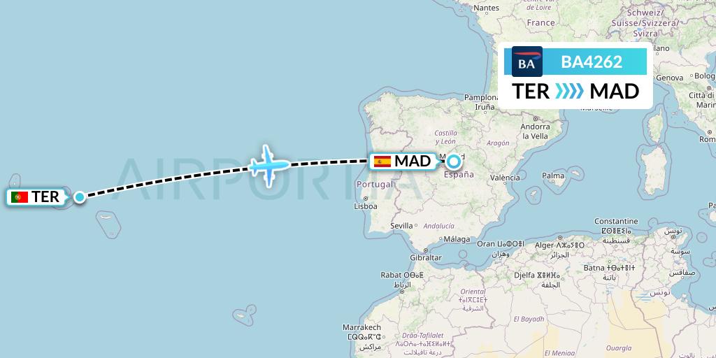 BA4262 British Airways Flight Map: Lajes to Madrid