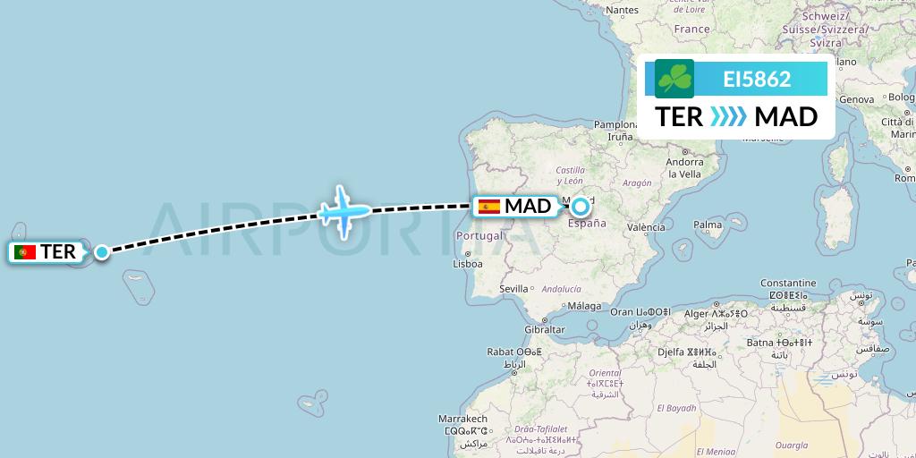 EI5862 Aer Lingus Flight Map: Lajes to Madrid