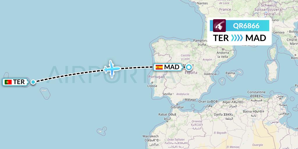 QR6866 Qatar Airways Flight Map: Lajes to Madrid