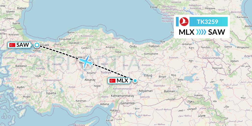 TK3259 Turkish Airlines Flight Map: Malatya to Istanbul