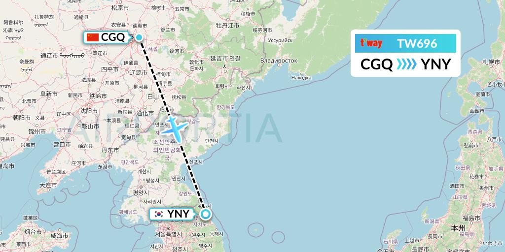 TW696 T'way Air Flight Map: Changchun to Yangyang