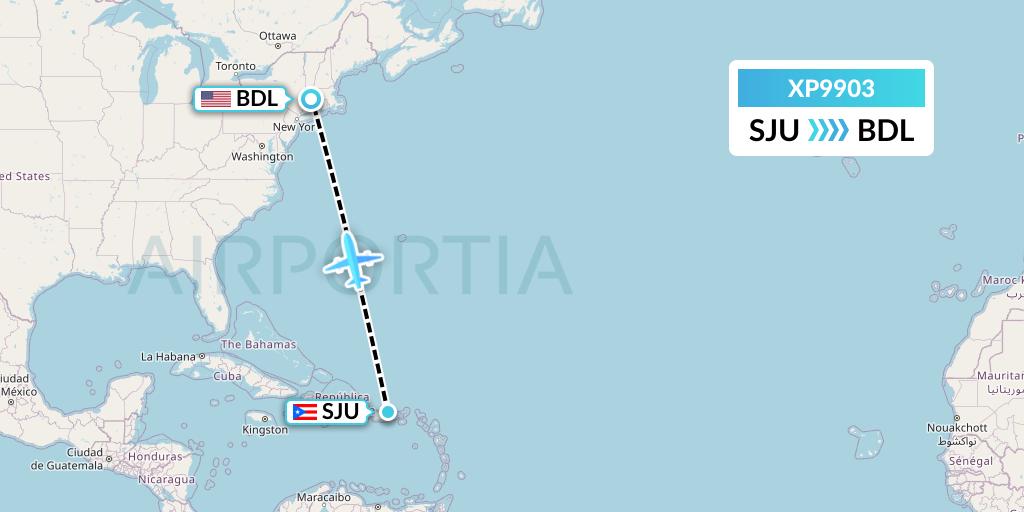 XP9903 Avelo Airlines Flight Map: San Juan to Windsor Locks