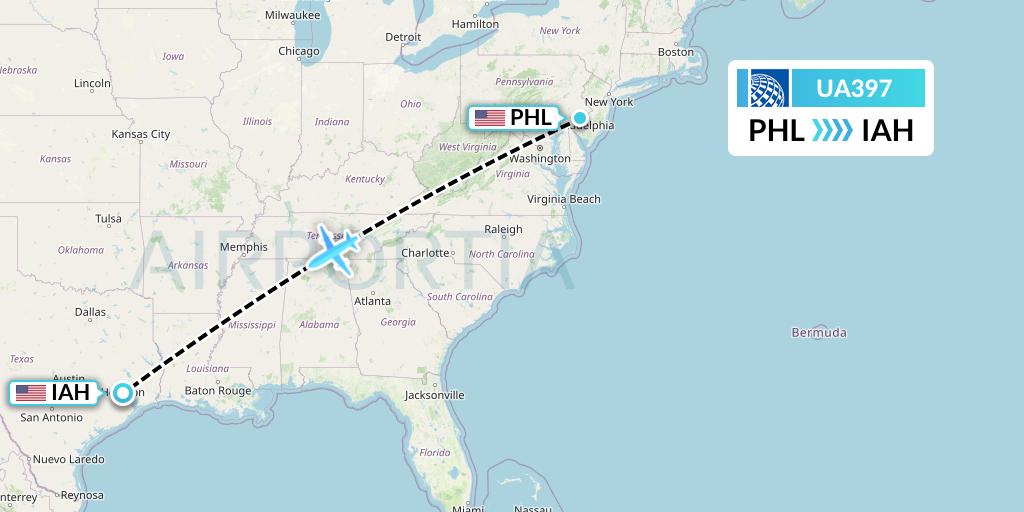 UA397 United Airlines Flight Map: Philadelphia to Houston