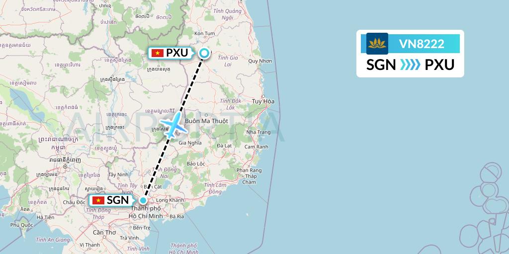 VN8222 Vietnam Airlines Flight Map: Ho Chi Minh City to Pleiku