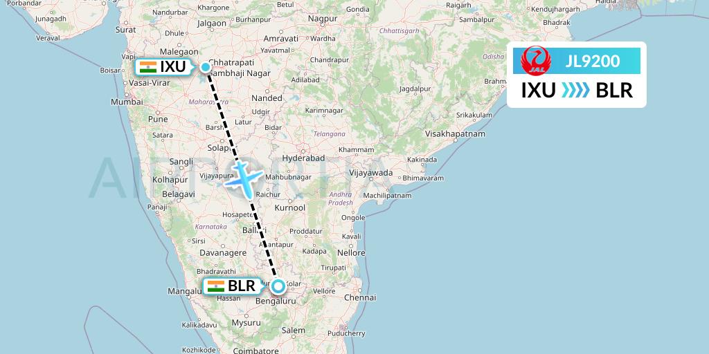 JL9200 Japan Airlines Flight Map: Aurangabad to Bangalore