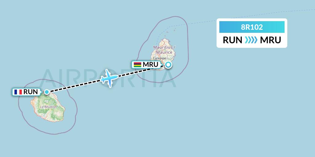 8R102 Amelia Flight Map: Saint-Denis to Port Louis