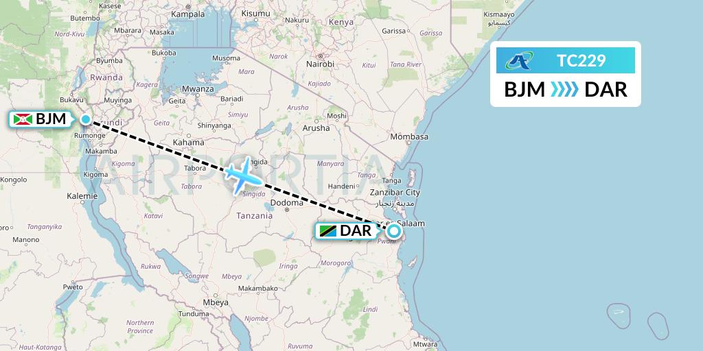 TC229 Air Tanzania Flight Map: Bujumbura to Dar-es-Salaam
