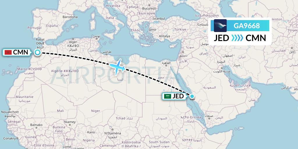 GA9668 Garuda Indonesia Flight Map: Jeddah to Casablanca