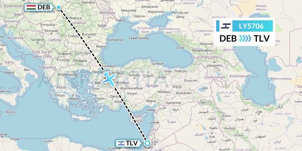 LY5706 El Al Flight Map: Debrecen to Tel Aviv