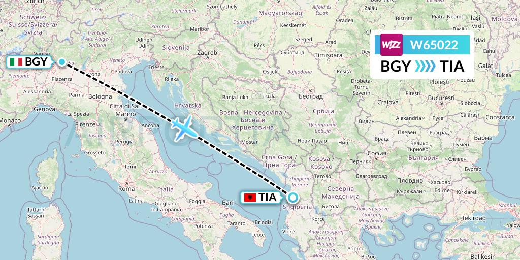 W65022 Wizz Air Flight Map: Milan to Tirana