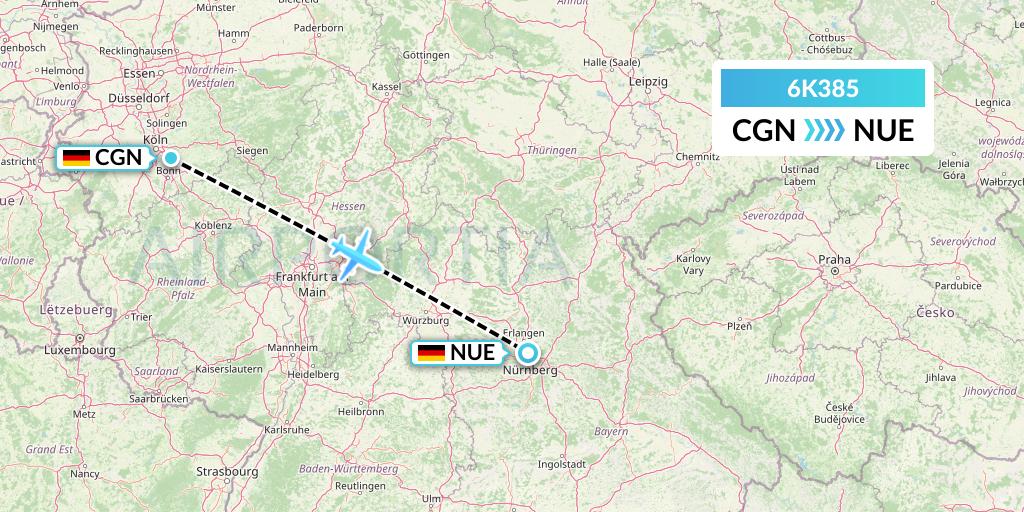 6K385 Songbird Airways Flight Map: Cologne to Nurnberg