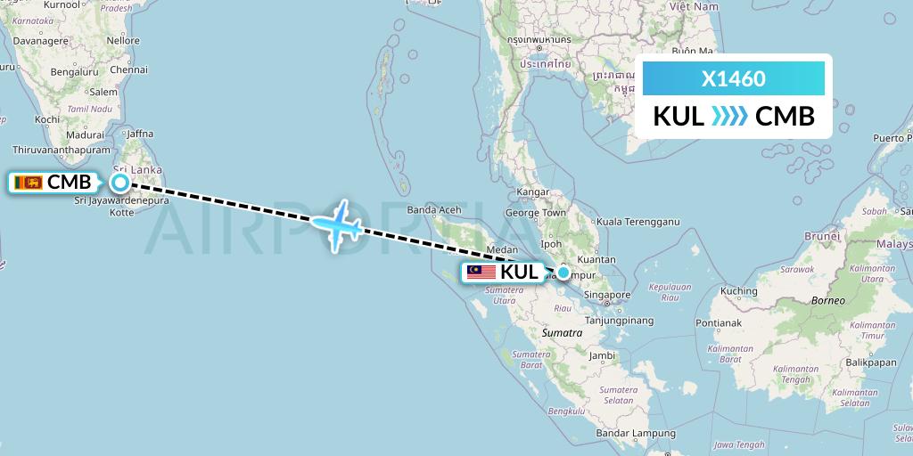 X1460 Nik Airways Flight Map: Kuala Lumpur to Colombo