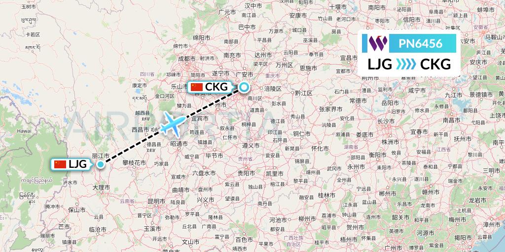 PN6456 China West Air Flight Map: Lijiang to Chongqing