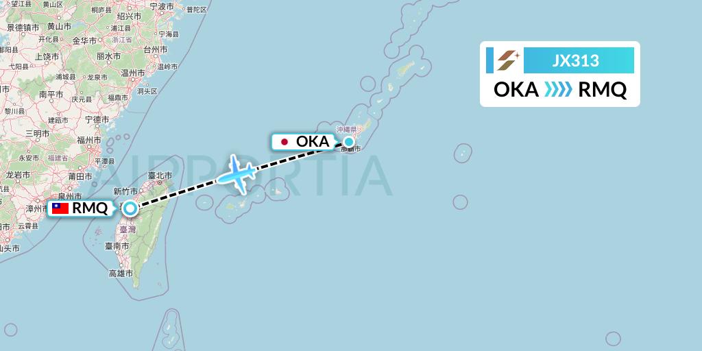 JX313 Starlux Airlines Flight Map: Naha to Taichung
