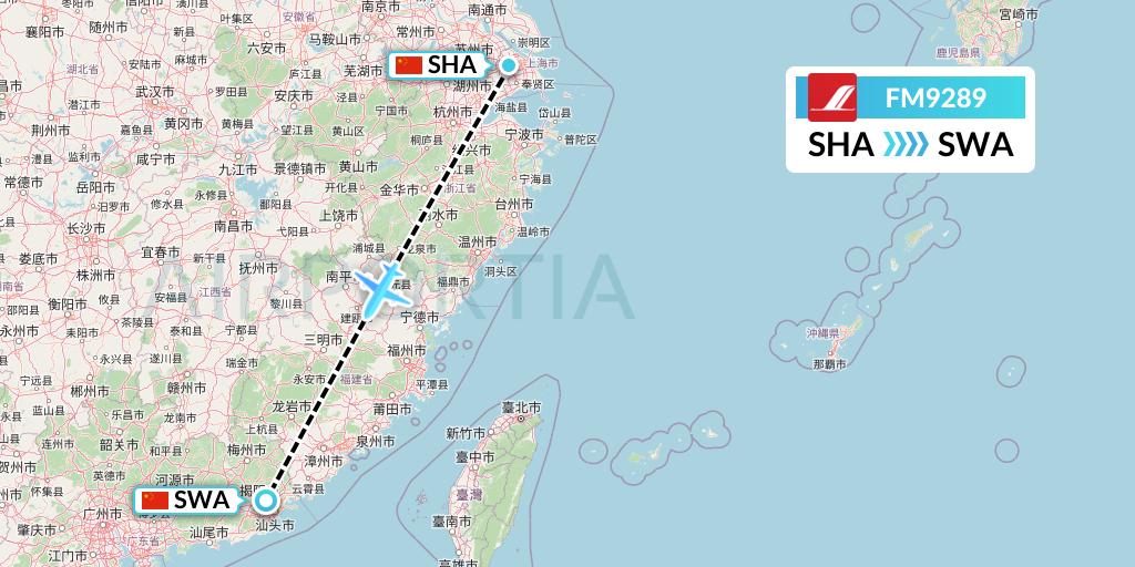 FM9289 Shanghai Airlines Flight Map: Shanghai to Jieyang