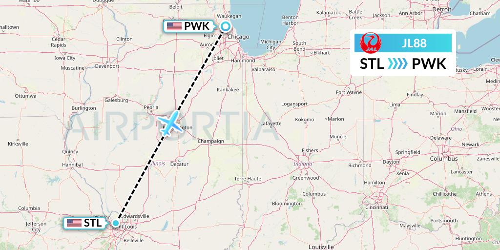 JL88 Japan Airlines Flight Map: St. Louis to Chicago