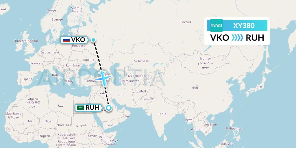 XY380 Flynas Flight Map: Moscow to Riyadh