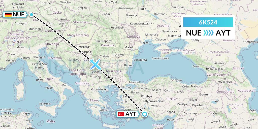 6K524 Songbird Airways Flight Map: Nurnberg to Antalya