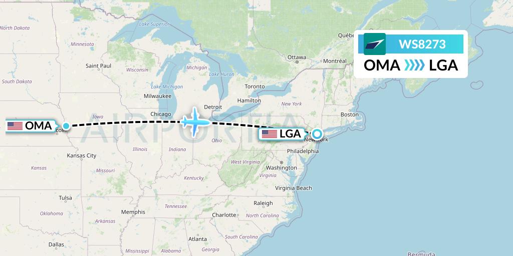 WS8273 WestJet Flight Map: Omaha to New York