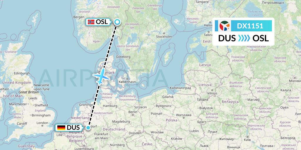 DX1151 Danish Air Transport Flight Map: Dusseldorf to Oslo