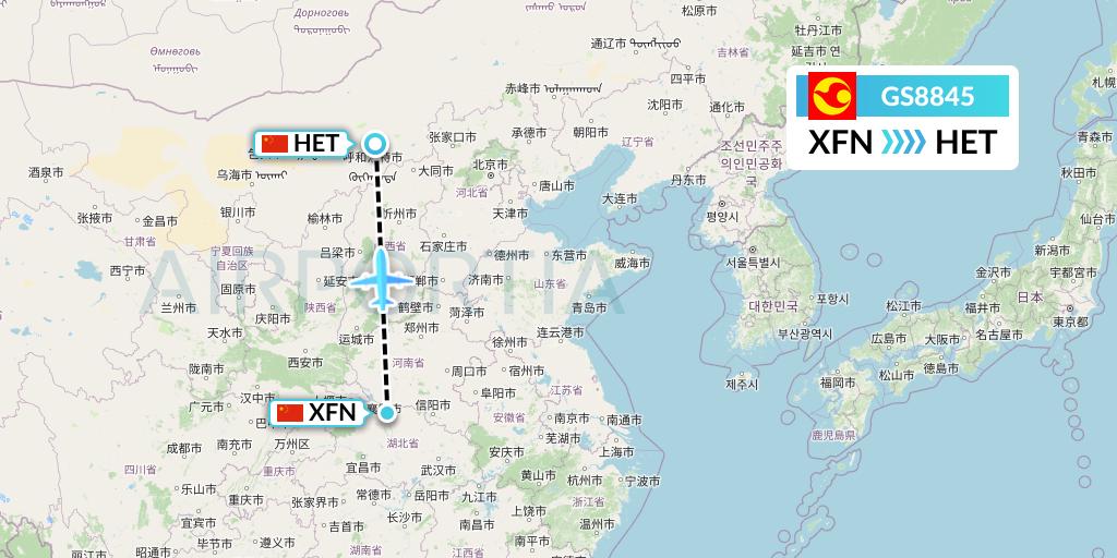 GS8845 Tianjin Airlines Flight Map: Xiangyang to Hohhot