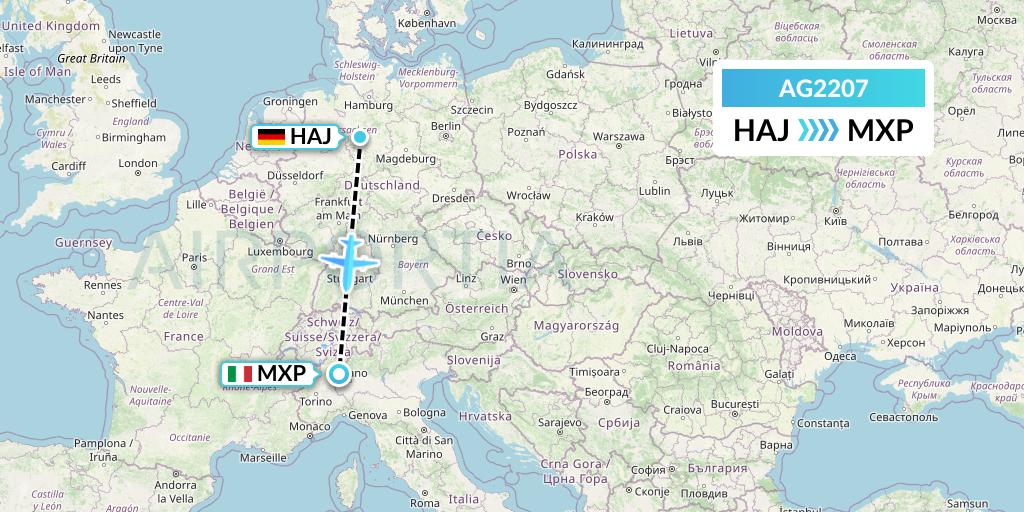AG2207 Aruba Airlines Flight Map: Hannover to Milan