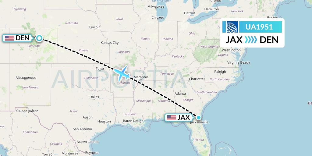 UA1951 United Airlines Flight Map: Jacksonville to Denver