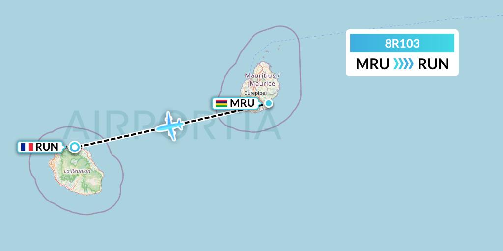 8R103 Amelia Flight Map: Port Louis to Saint-Denis