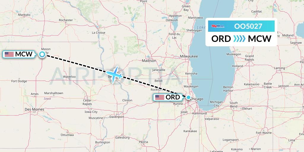OO5027 SkyWest Airlines Flight Map: Chicago to Mason City
