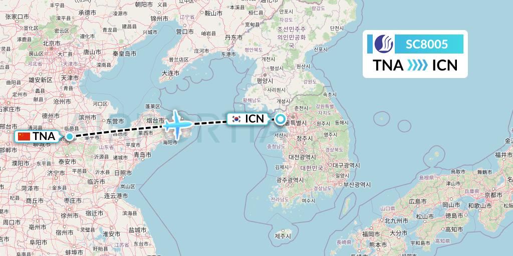 SC8005 Shandong Airlines Flight Map: Jinan to Seoul