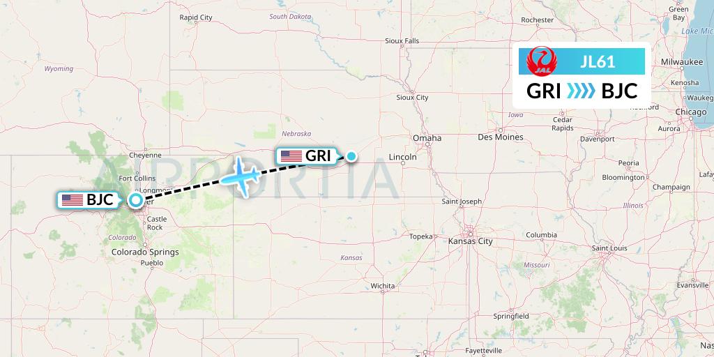 JL61 Japan Airlines Flight Map: Grand Island to Denver