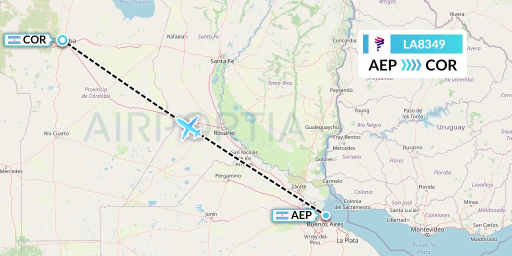 LA8349 LAN Airlines Flight Map: Buenos Aires to Cordoba
