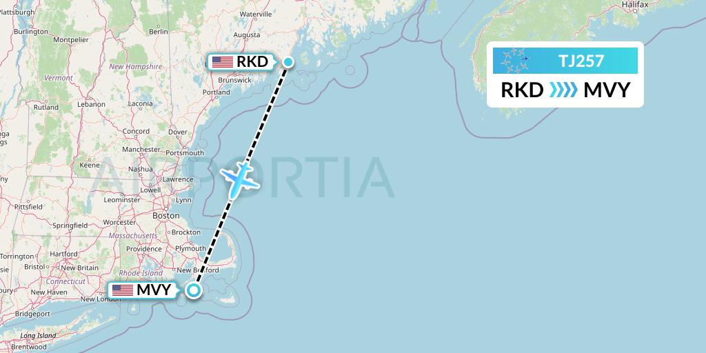 TJ257 Tradewind Aviation Flight Map: Rockland to Martha's Vineyard