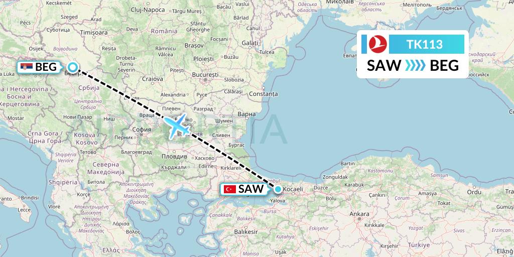 TK113 Turkish Airlines Flight Map: Istanbul to Belgrade