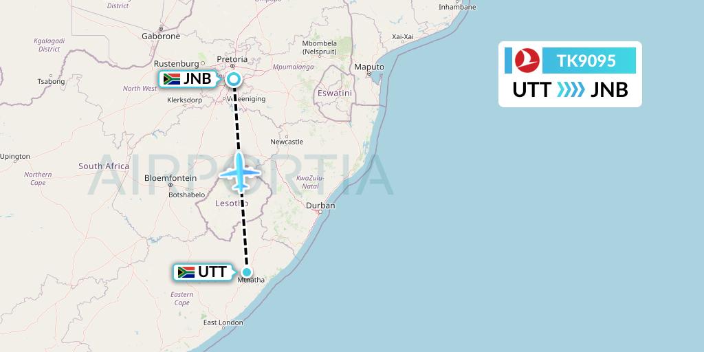 TK9095 Turkish Airlines Flight Map: Mthatha to Johannesburg