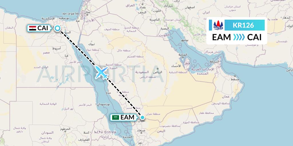 KR126 Cambodia Airways Flight Map: Najran to Cairo