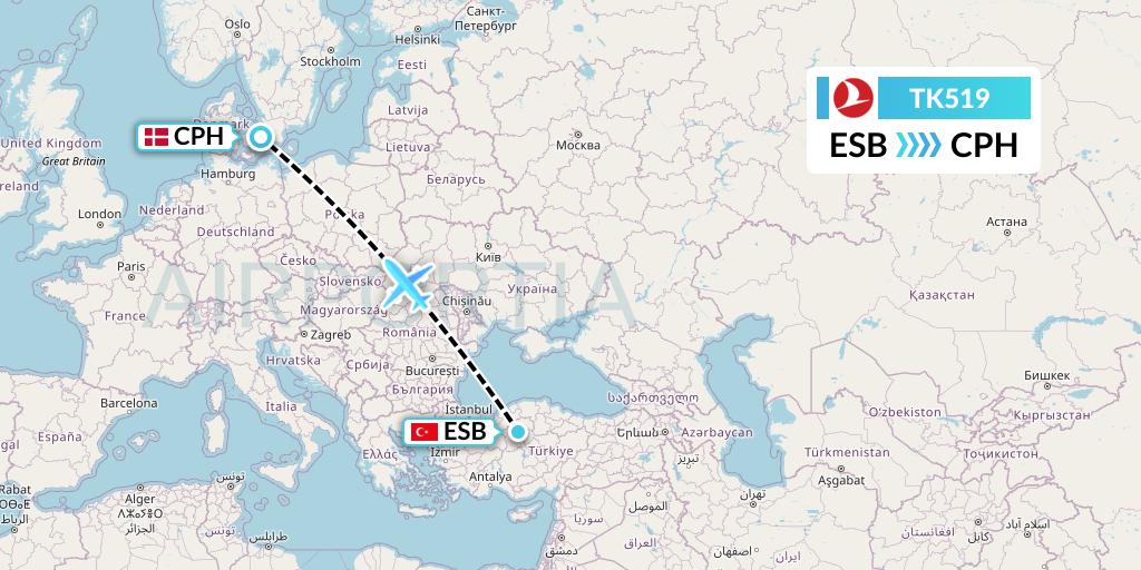 TK519 Turkish Airlines Flight Map: Ankara to Copenhagen