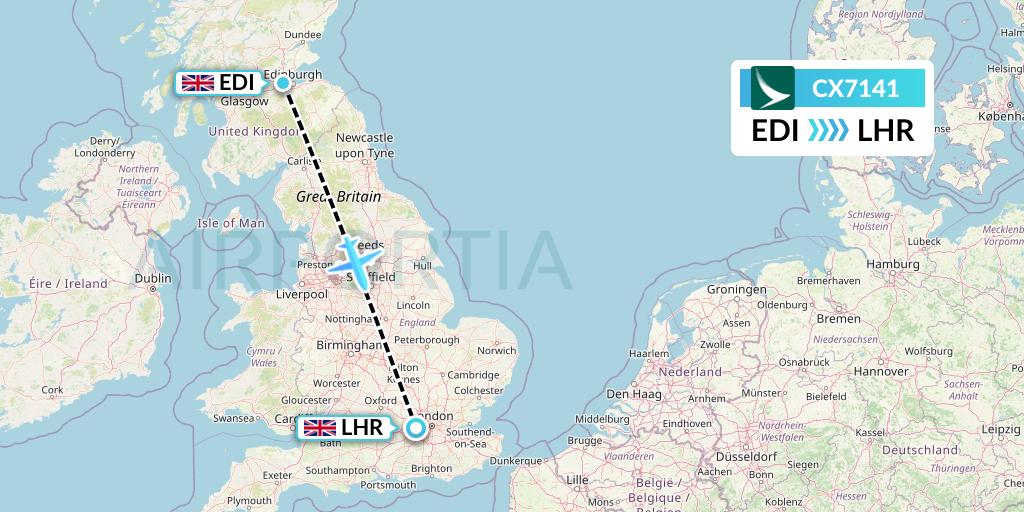CX7141 Cathay Pacific Flight Map: Edinburgh to London