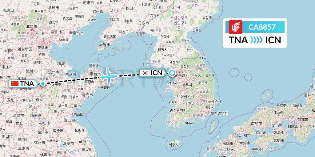 CA8857 Air China Flight Map: Jinan to Seoul