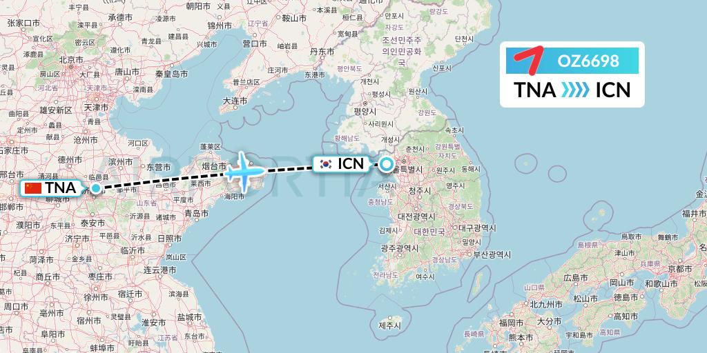 OZ6698 Asiana Airlines Flight Map: Jinan to Seoul