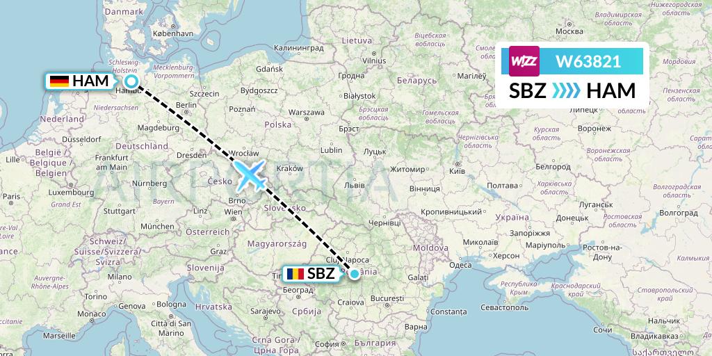 W63821 Wizz Air Flight Map: Sibiu to Hamburg