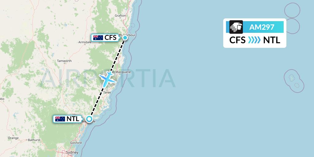 AM297 Aeromexico Flight Map: Coffs Harbour to Newcastle