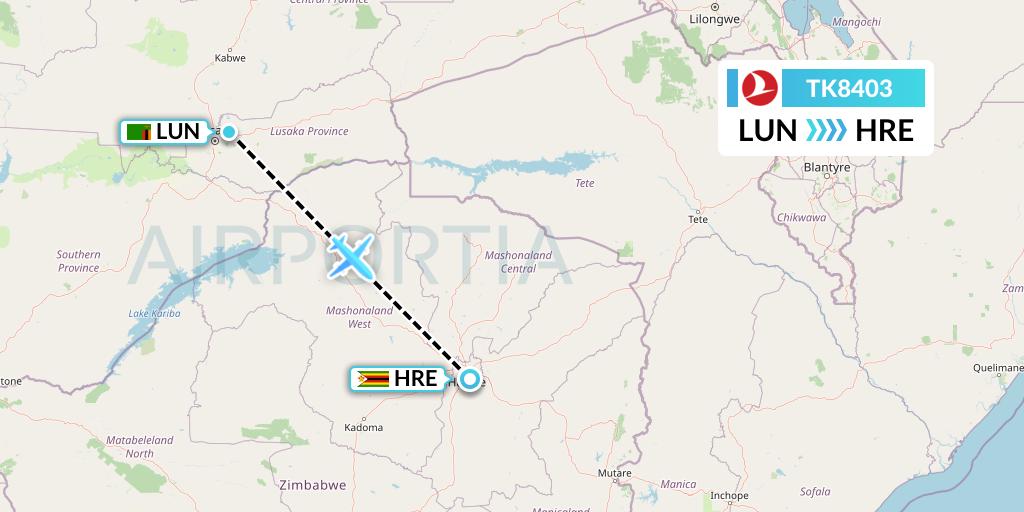 TK8403 Turkish Airlines Flight Map: Lusaka to Harare