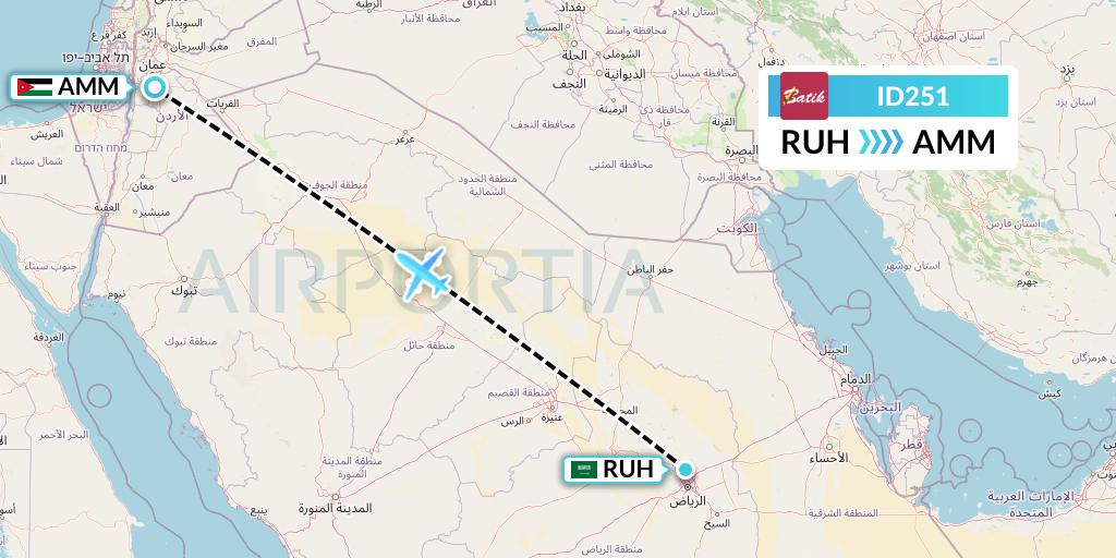 ID251 Batik Air Flight Map: Riyadh to Amman
