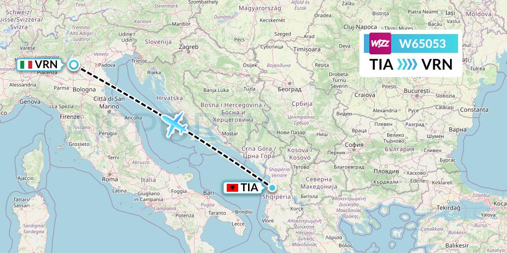 W65053 Wizz Air Flight Map: Tirana to Verona
