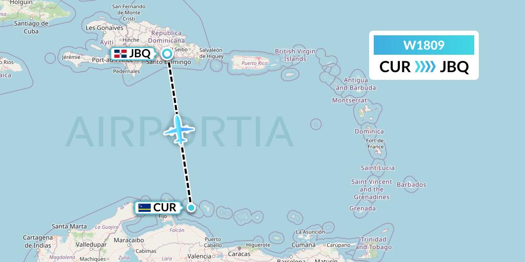 W1809 World Ticket Ltd Flight Map: Willemstad to Santo Domingo