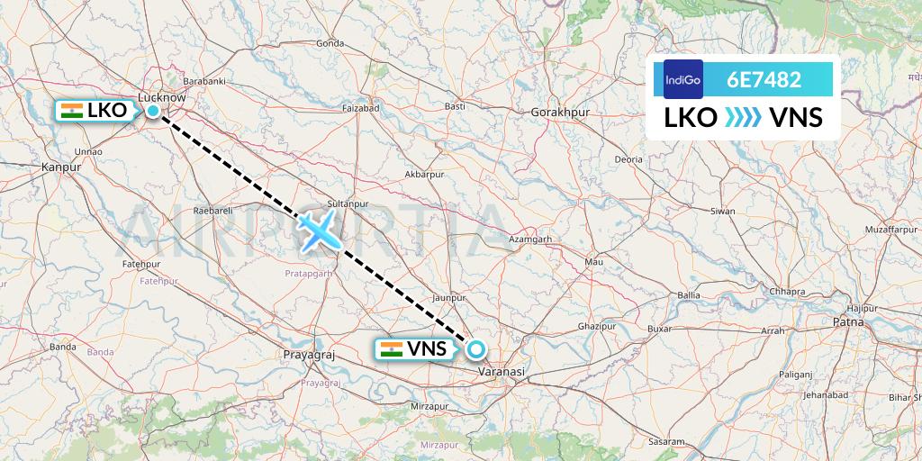 6E7482 IndiGo Airlines Flight Map: Lucknow to Varanasi