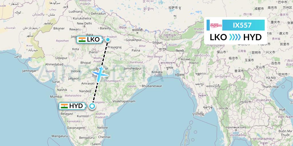 IX557 Air India Express Flight Map: Lucknow to Hyderabad